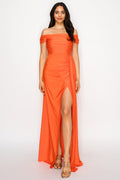 Off-Shoulder Ruched Slit Gown