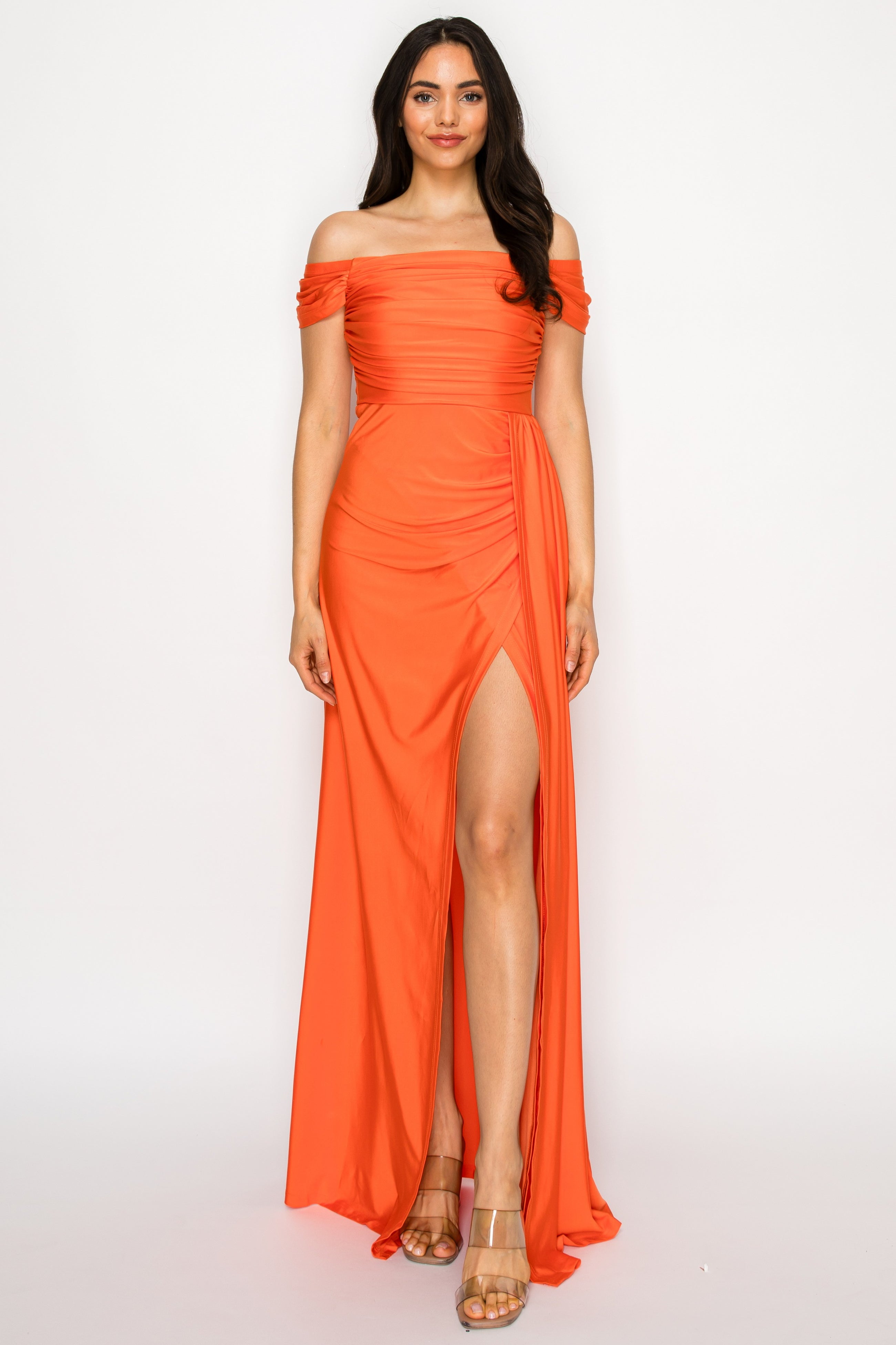Off-Shoulder Ruched Slit Gown