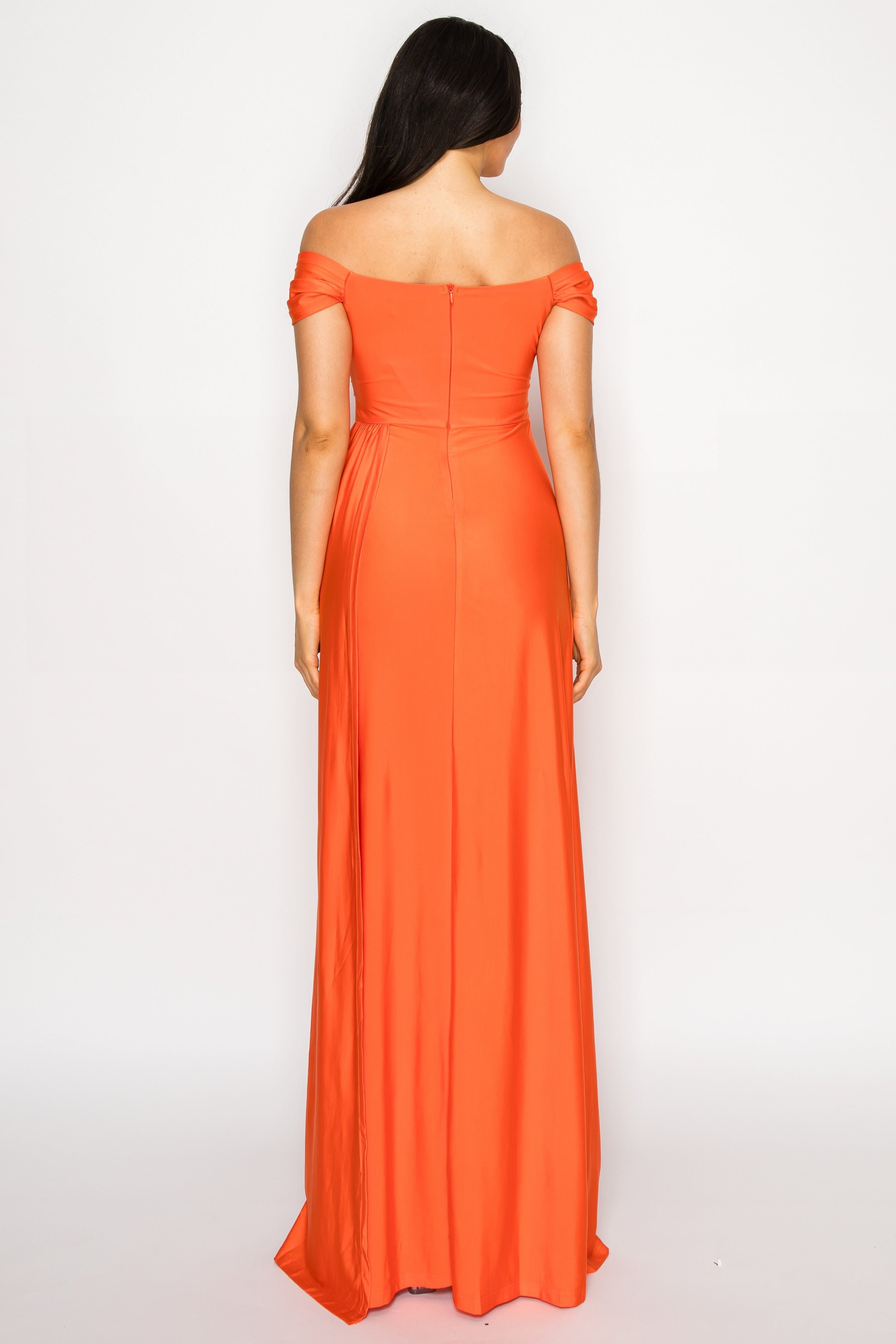 Off-Shoulder Ruched Slit Gown