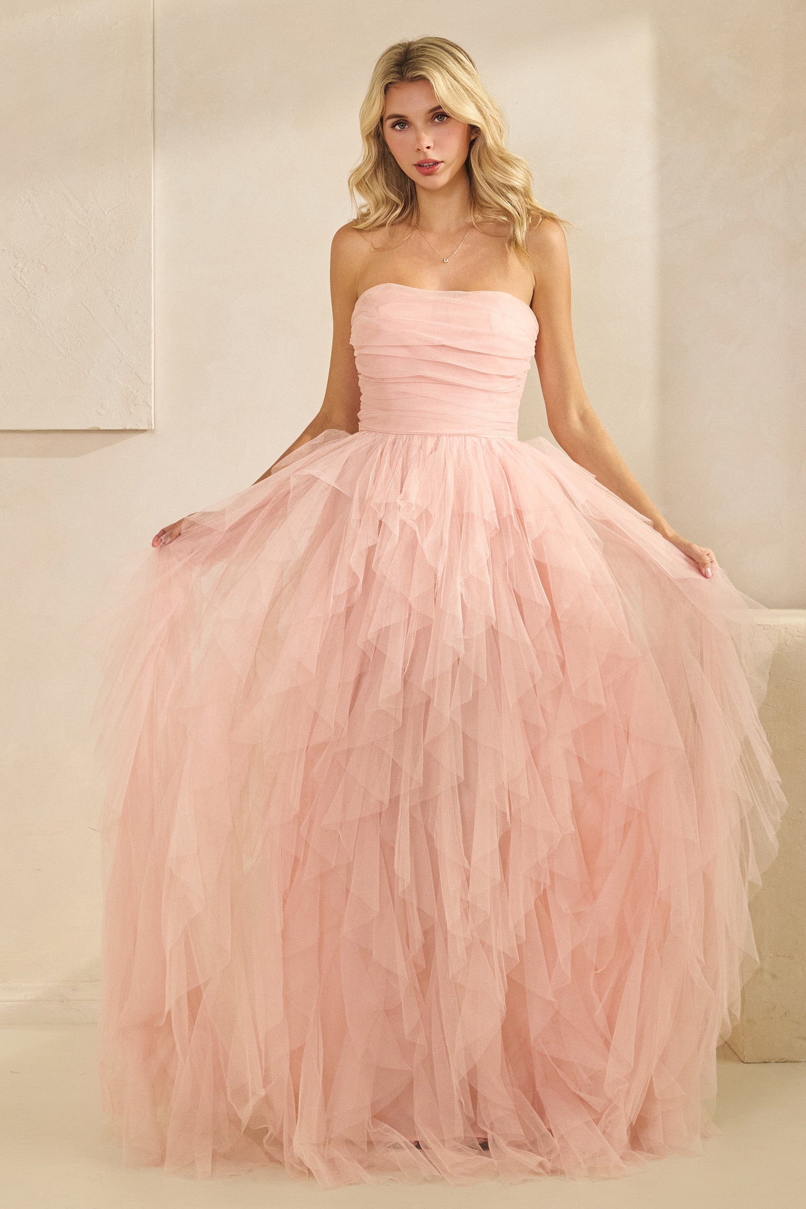 Strapless Tiered Tulle Gown