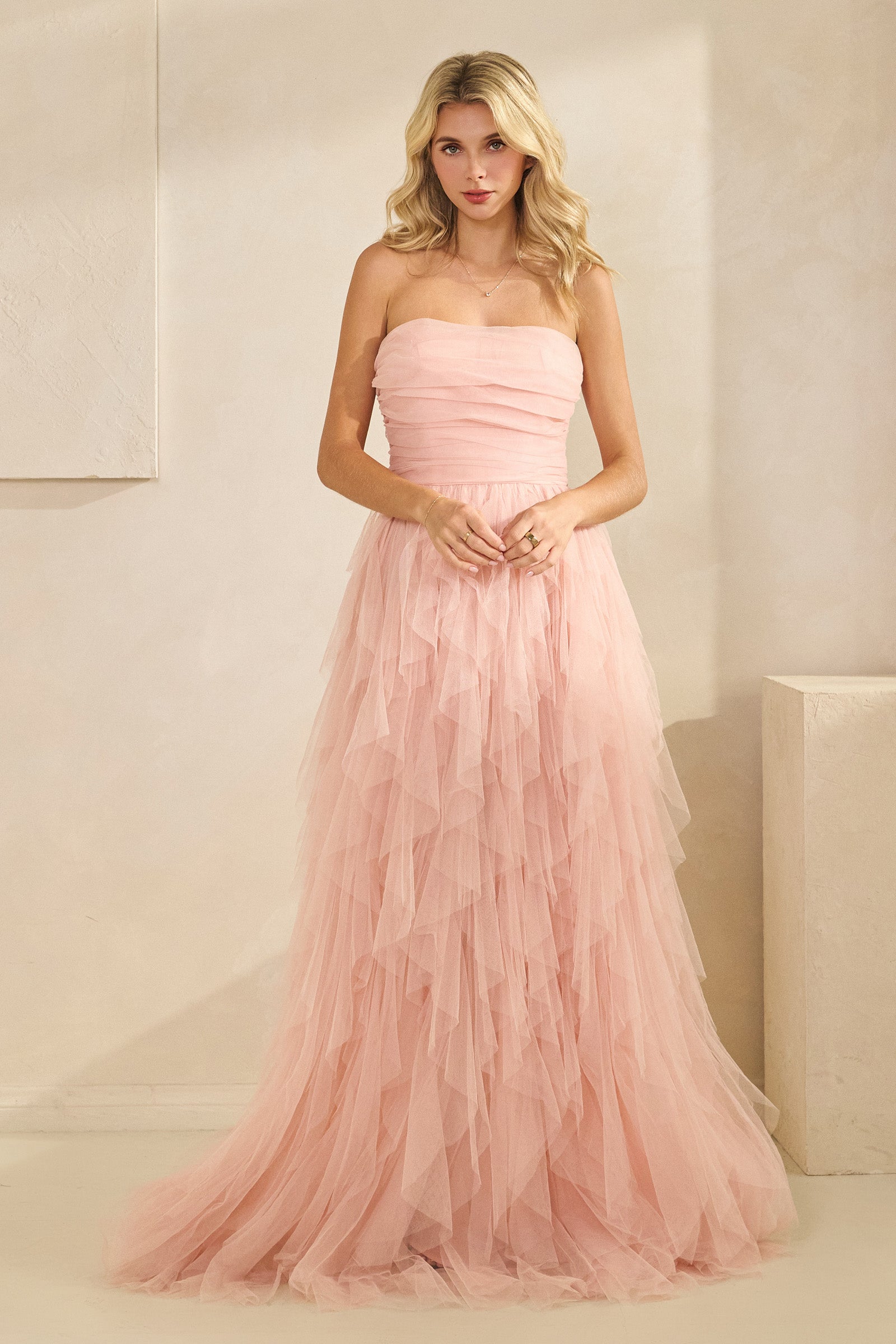 Strapless Tiered Tulle Gown