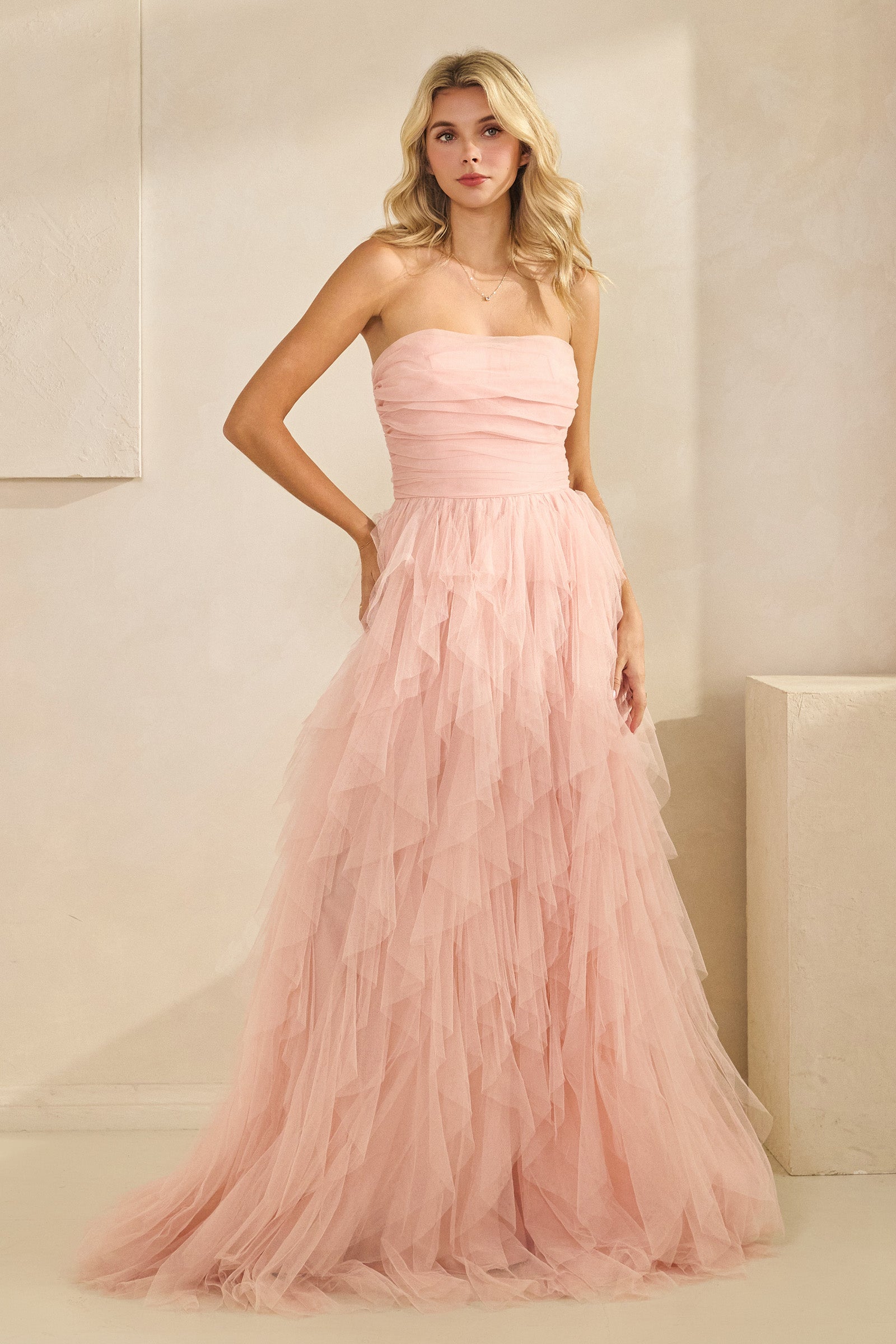Strapless Tiered Tulle Gown