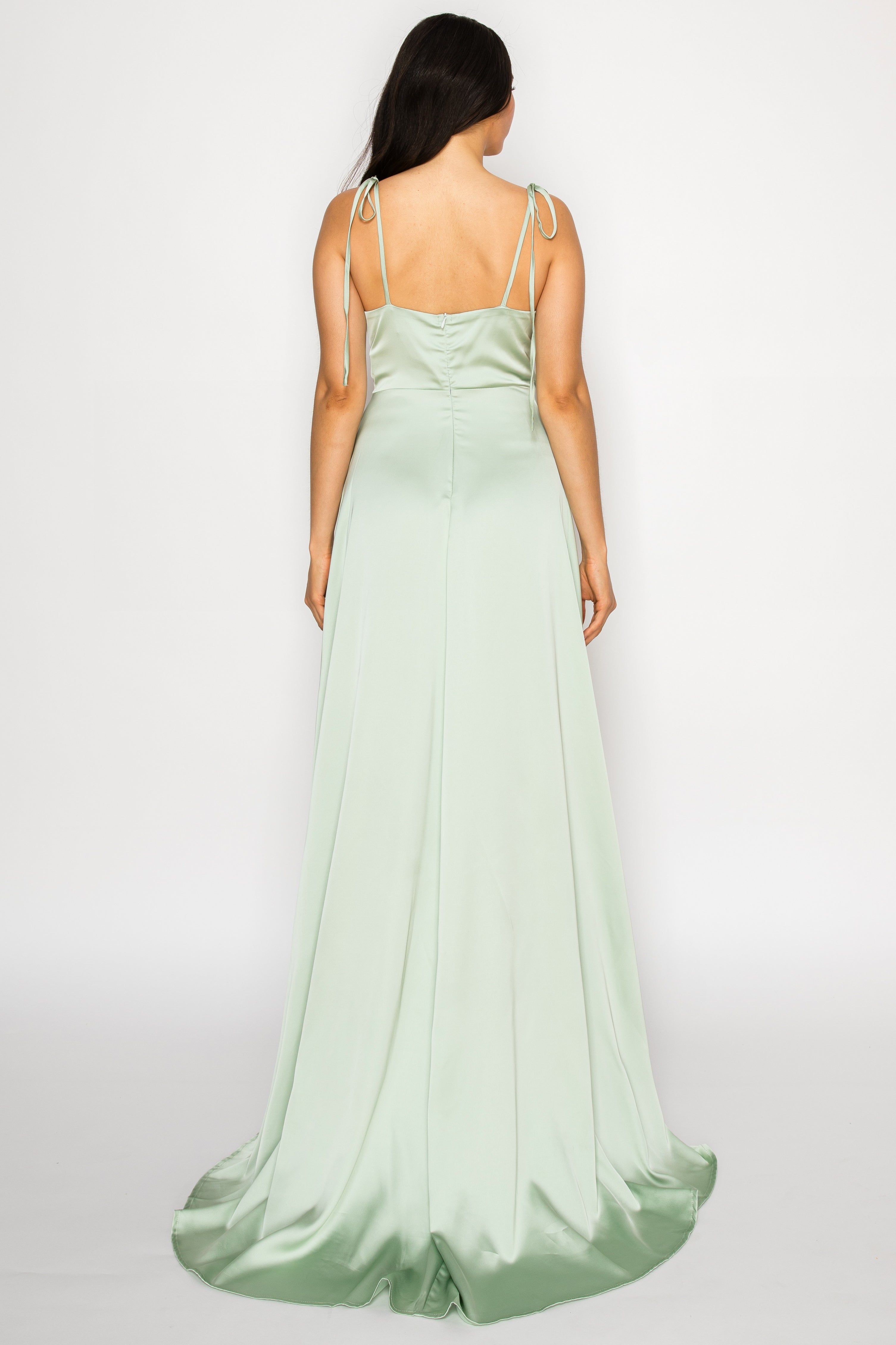 Tie Strap Cowl Neck Slit Gown