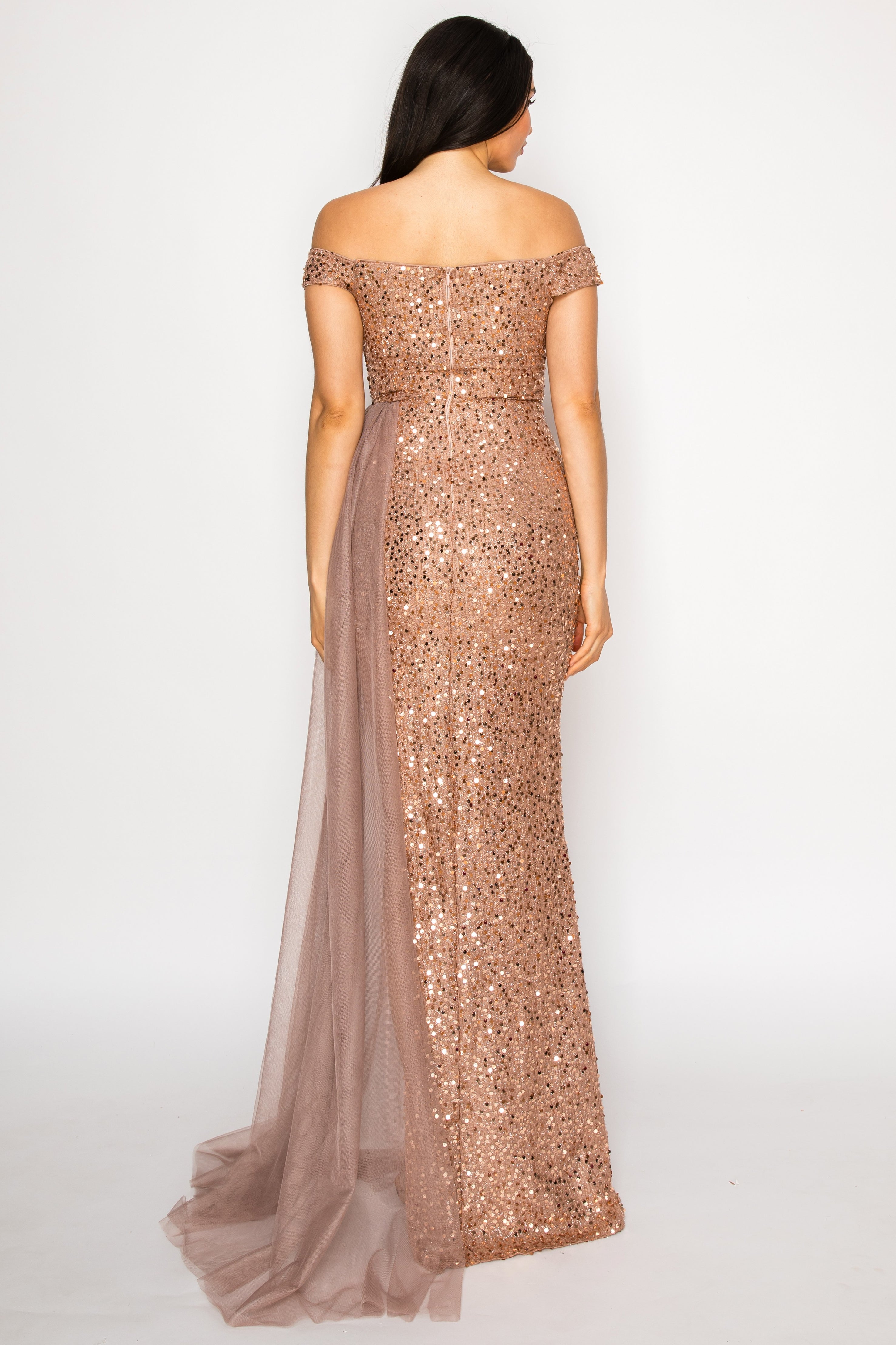 Off-Shoulder Sequin Tulle Overlay Gown