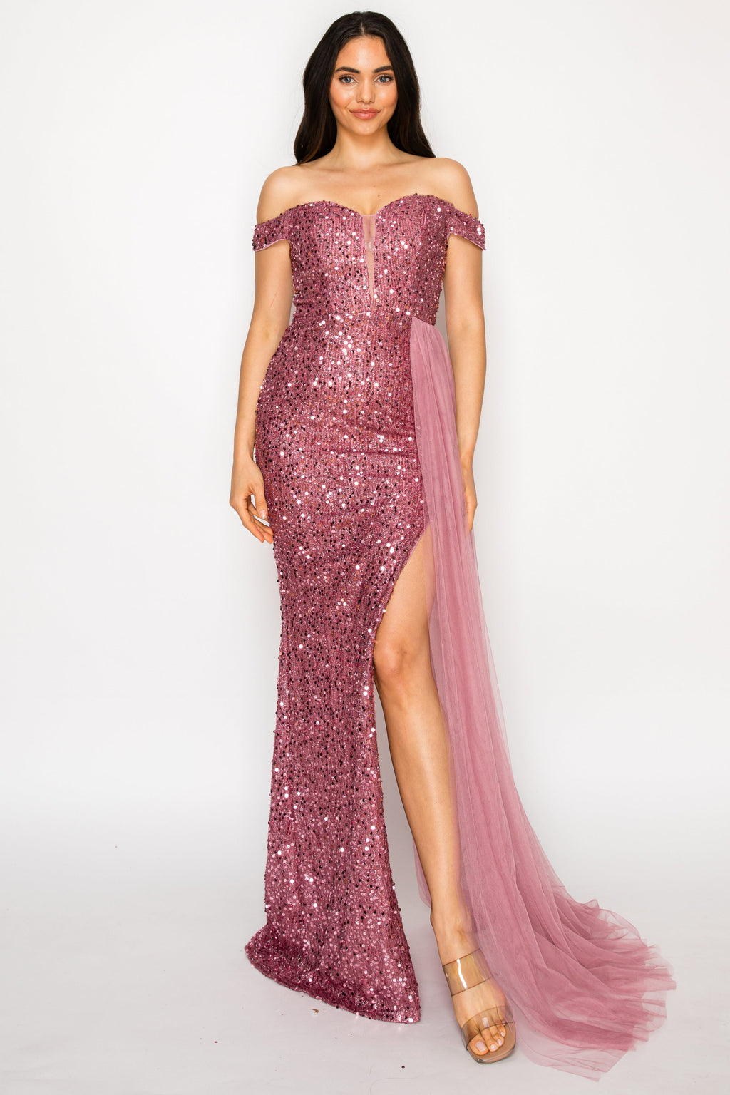 Off-Shoulder Sequin Tulle Overlay Gown