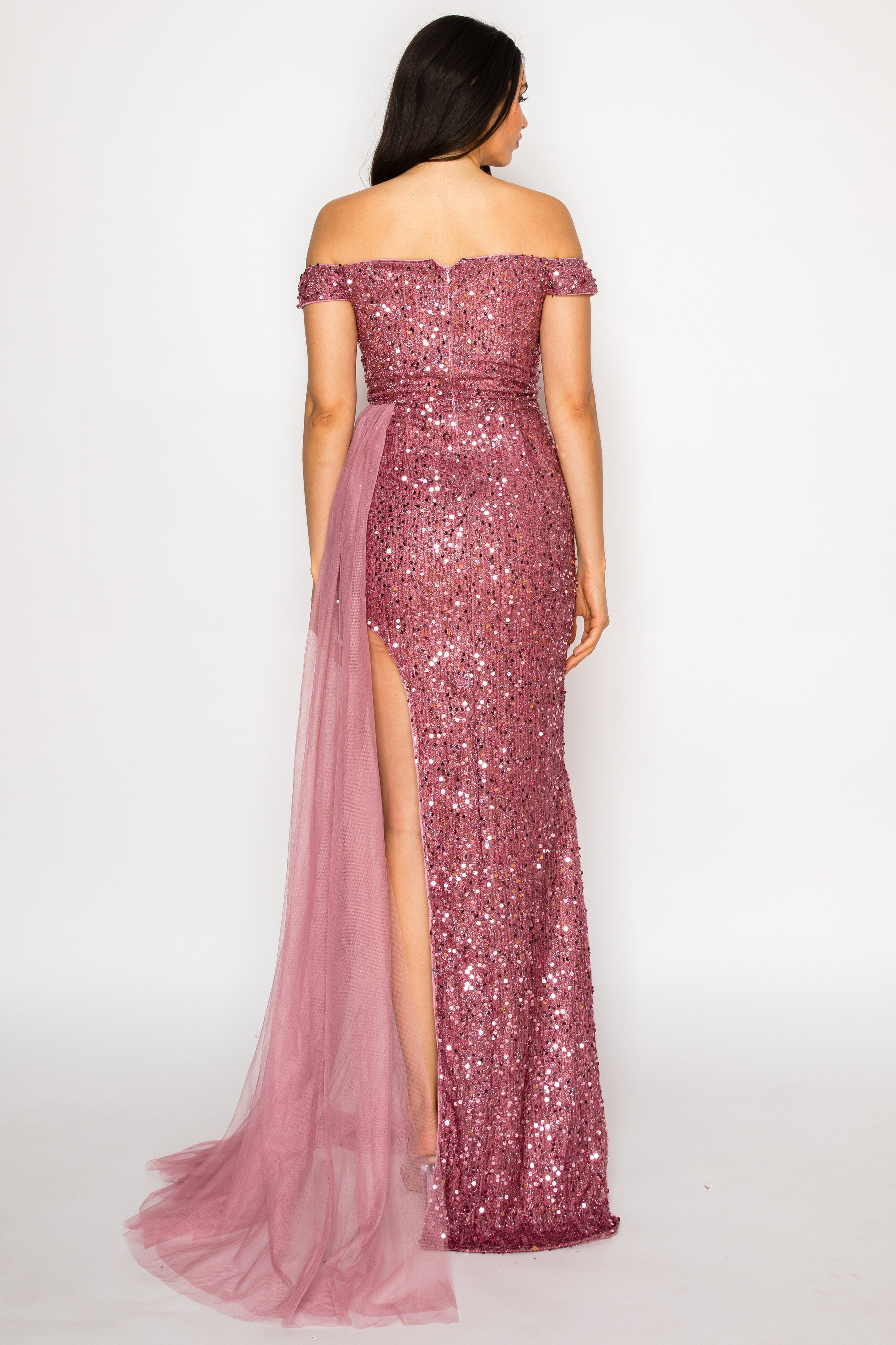 Off-Shoulder Sequin Tulle Overlay Gown
