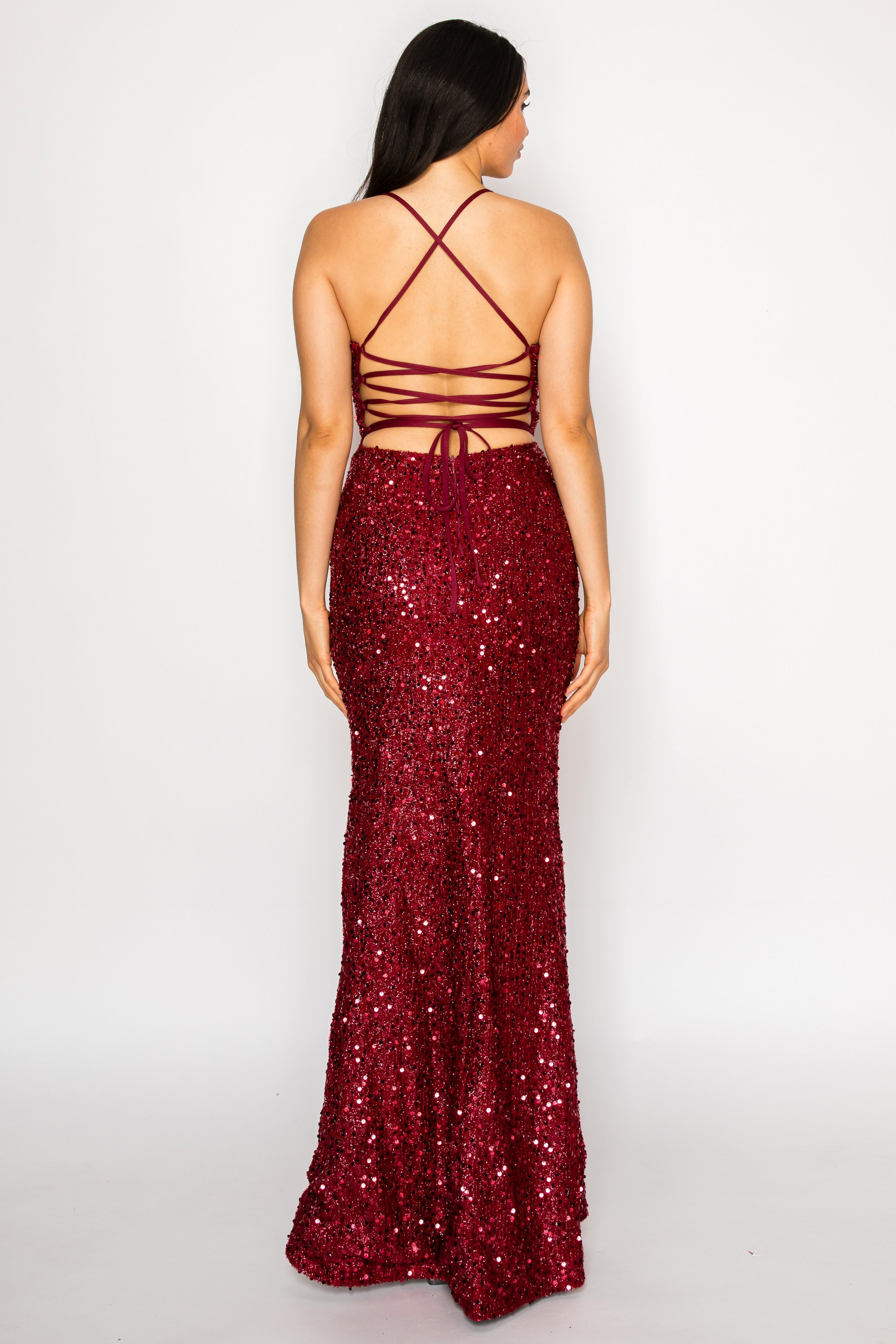 Sequin Halter Slit Column Gown