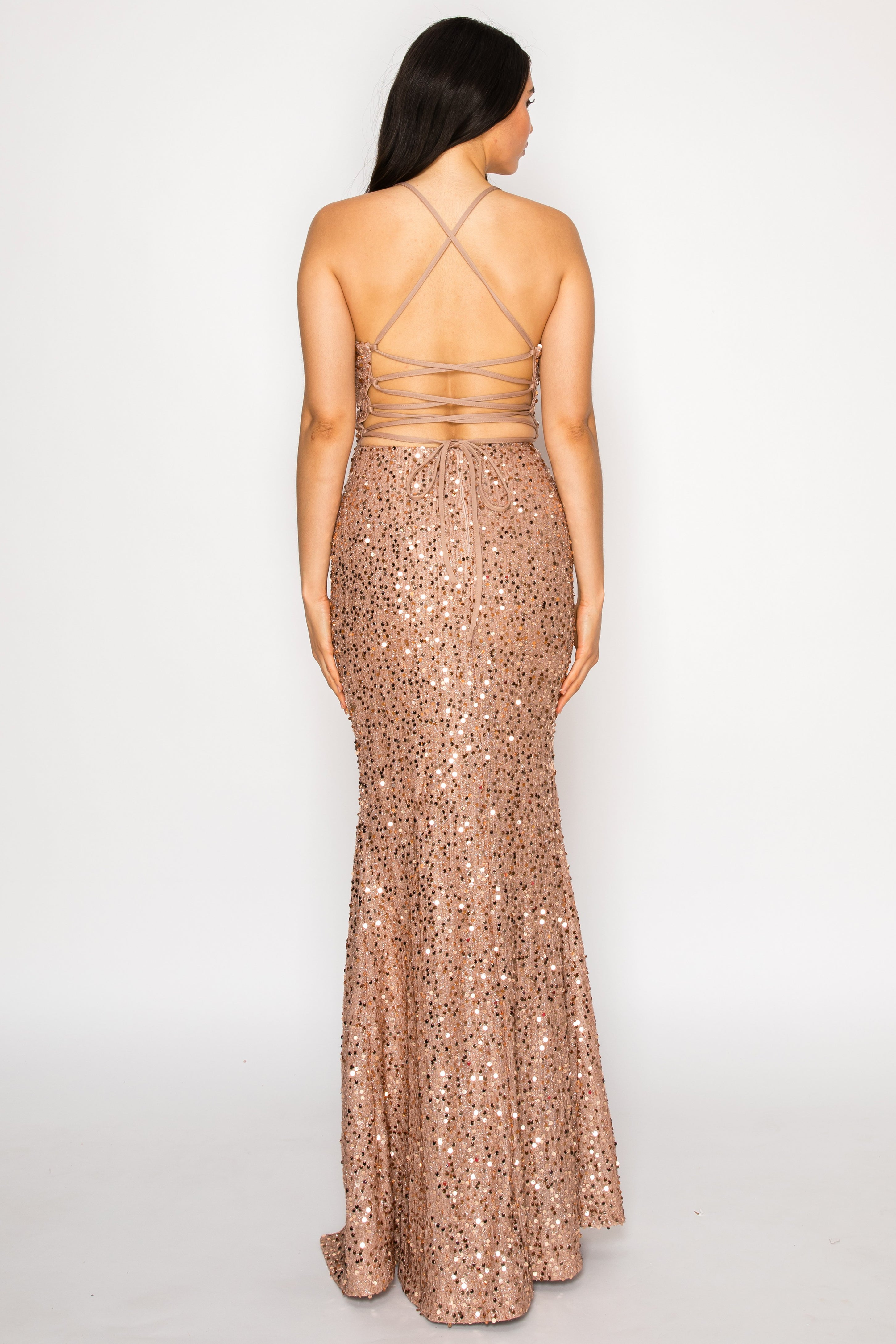 Sequin Halter Slit Column Gown