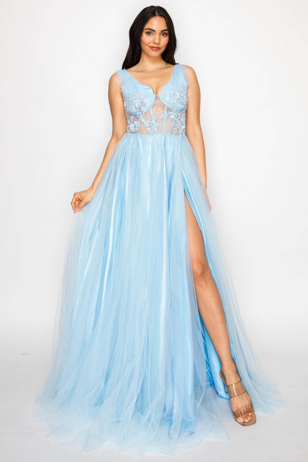 Embroidered Illusion Bodice Tulle Gown