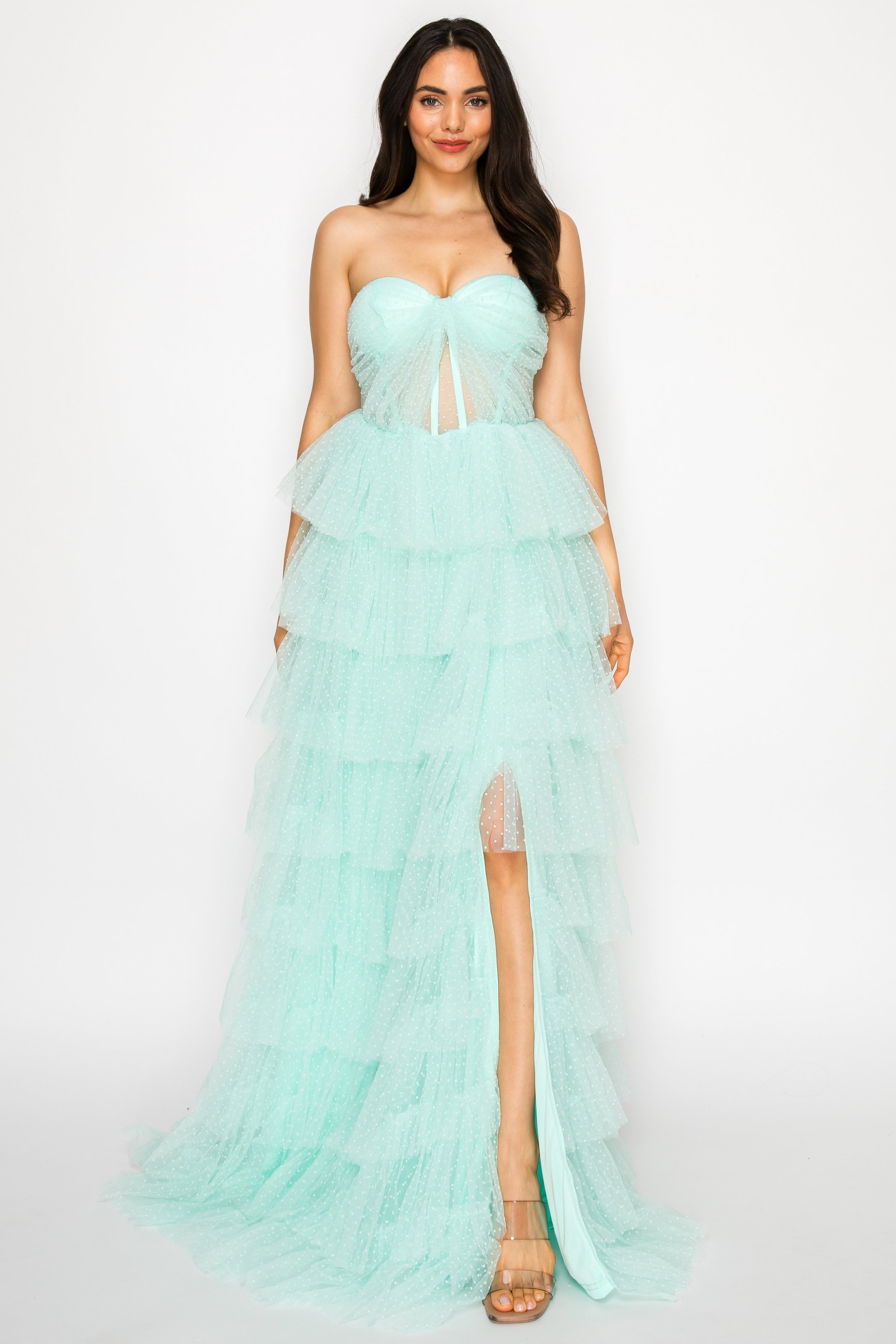 Strapless Tiered Dot Tulle Gown