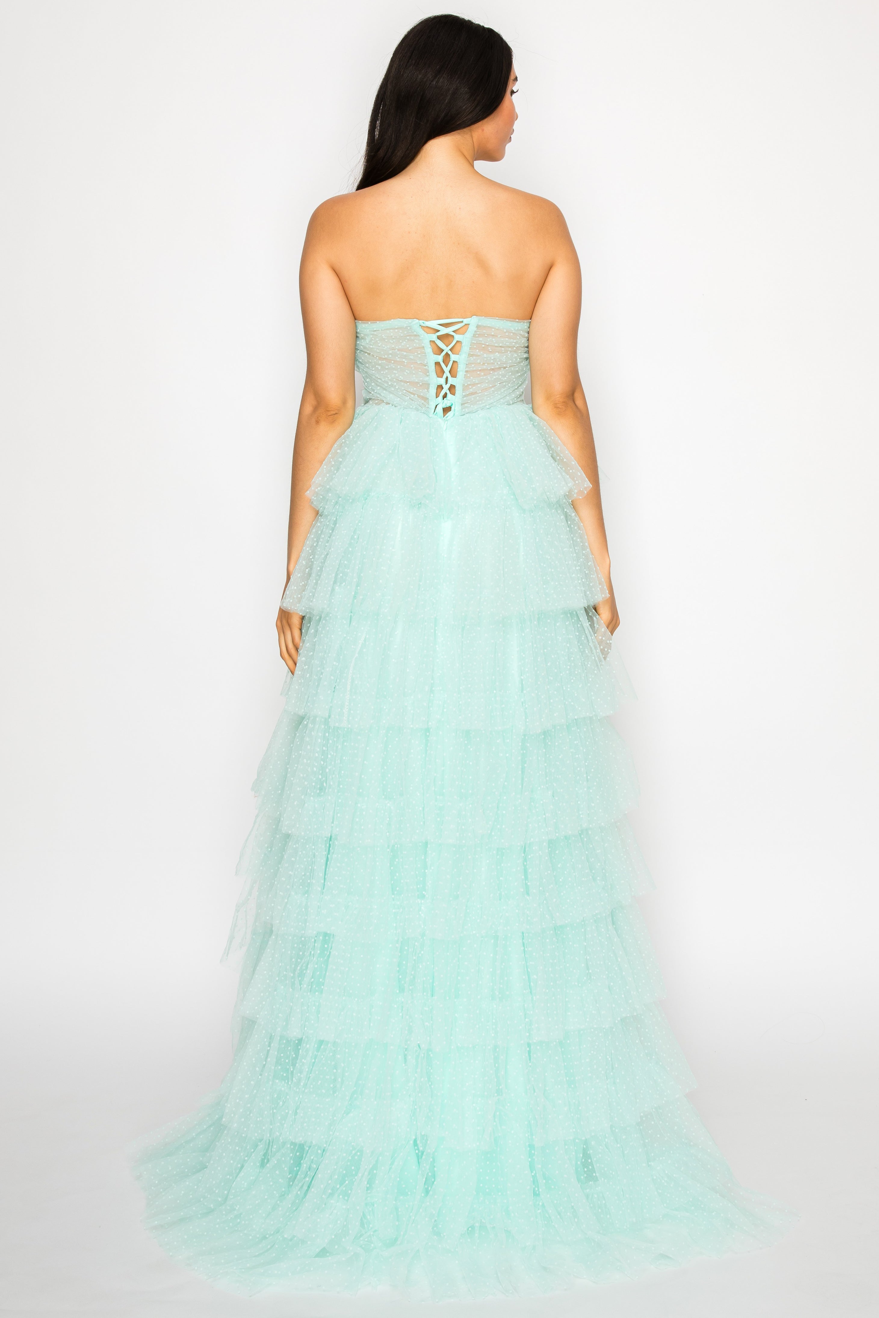 Strapless Tiered Dot Tulle Gown