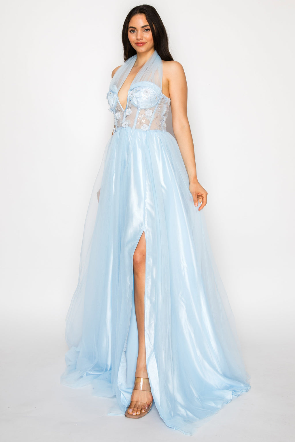 Halter Illusion Floral Tulle Gown
