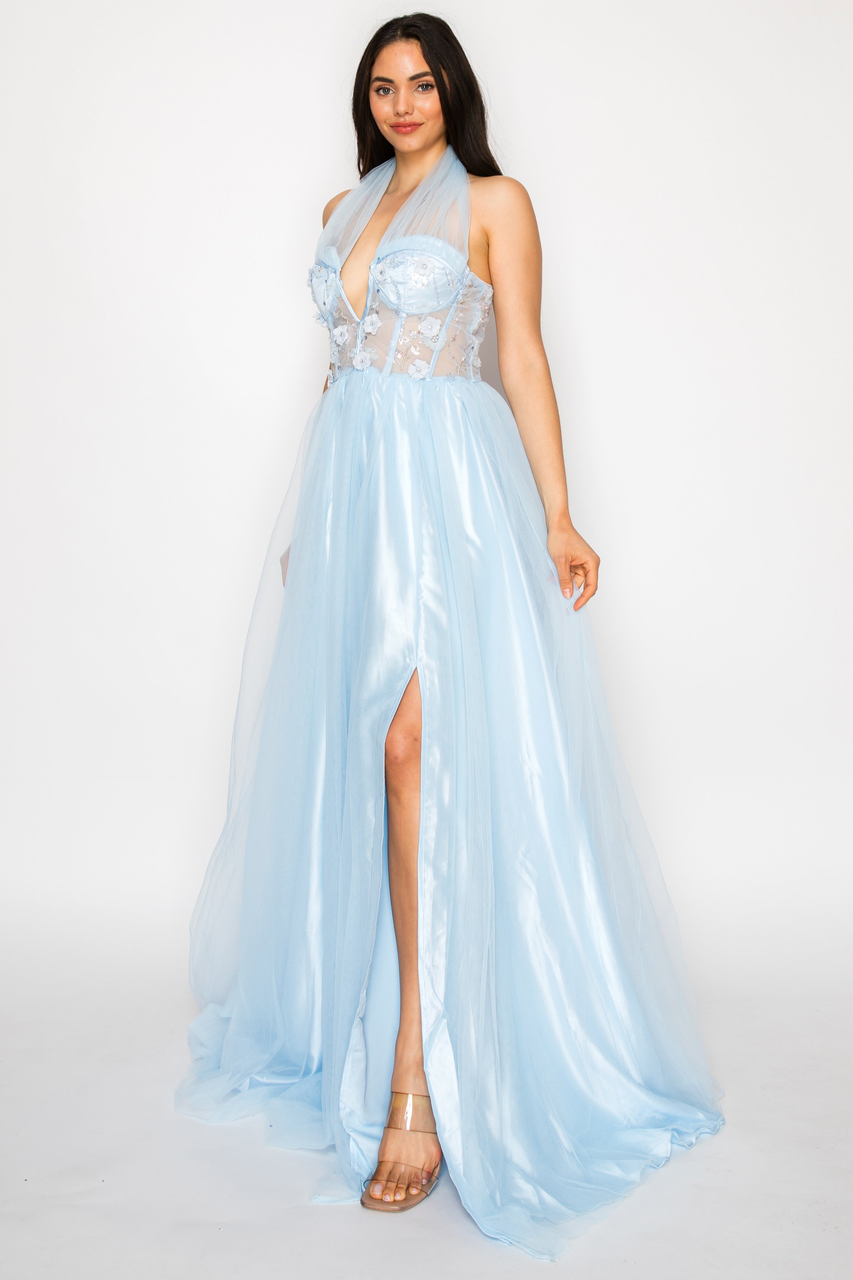 Halter Illusion Floral Tulle Gown