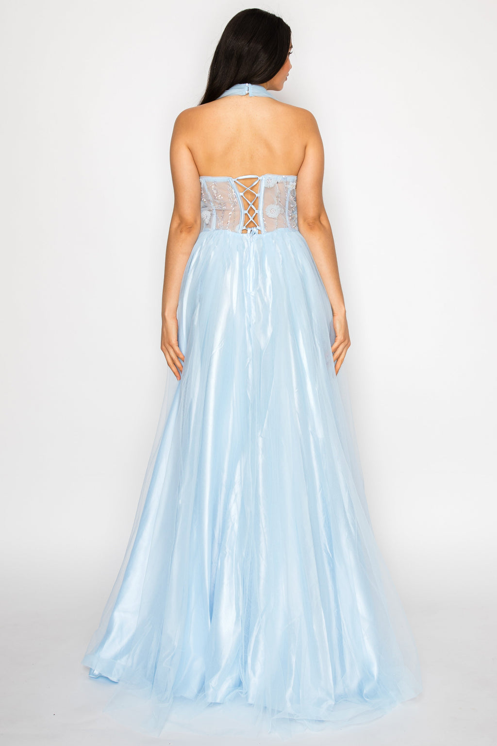 Halter Illusion Floral Tulle Gown