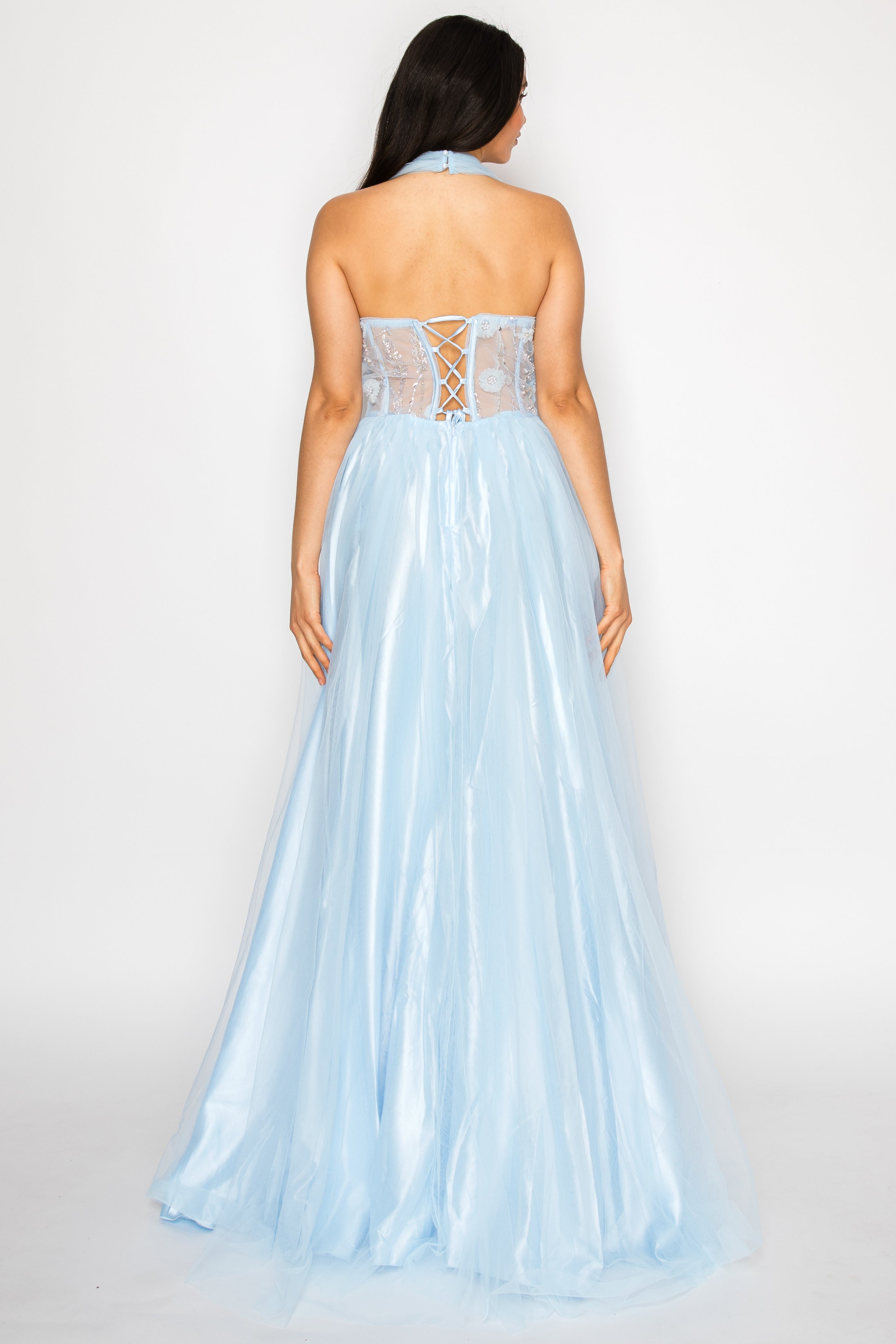 Halter Illusion Floral Tulle Gown