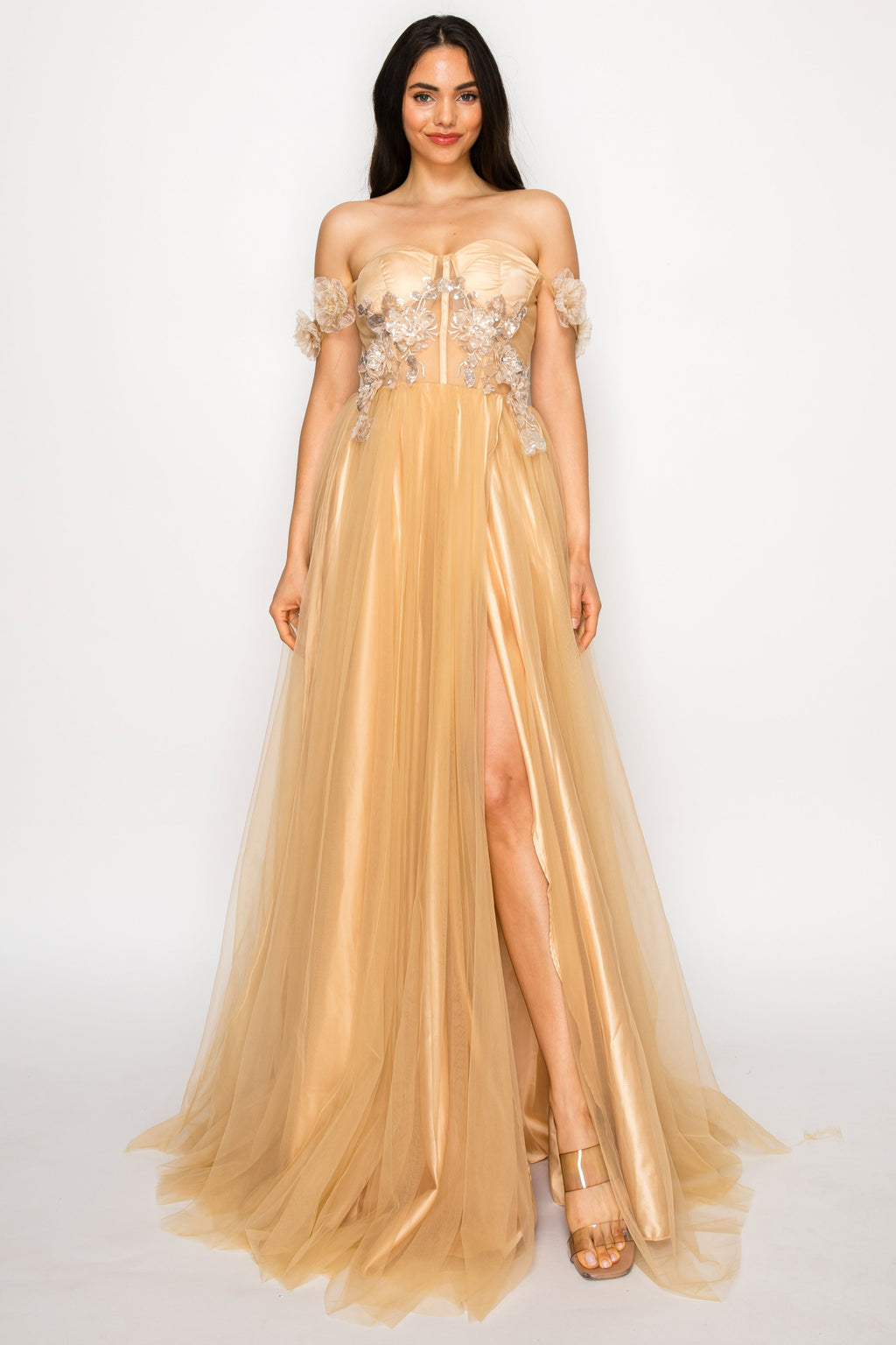 Floral Appliqué Off-Shoulder Tulle Gown