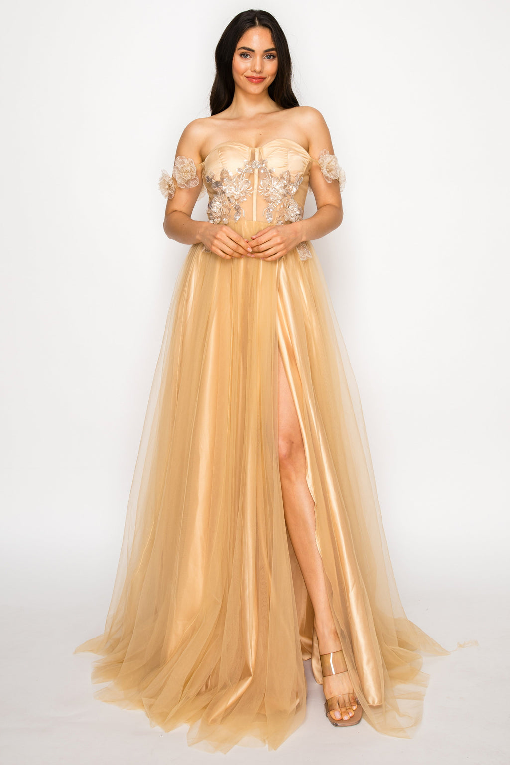 Floral Appliqué Off-Shoulder Tulle Gown