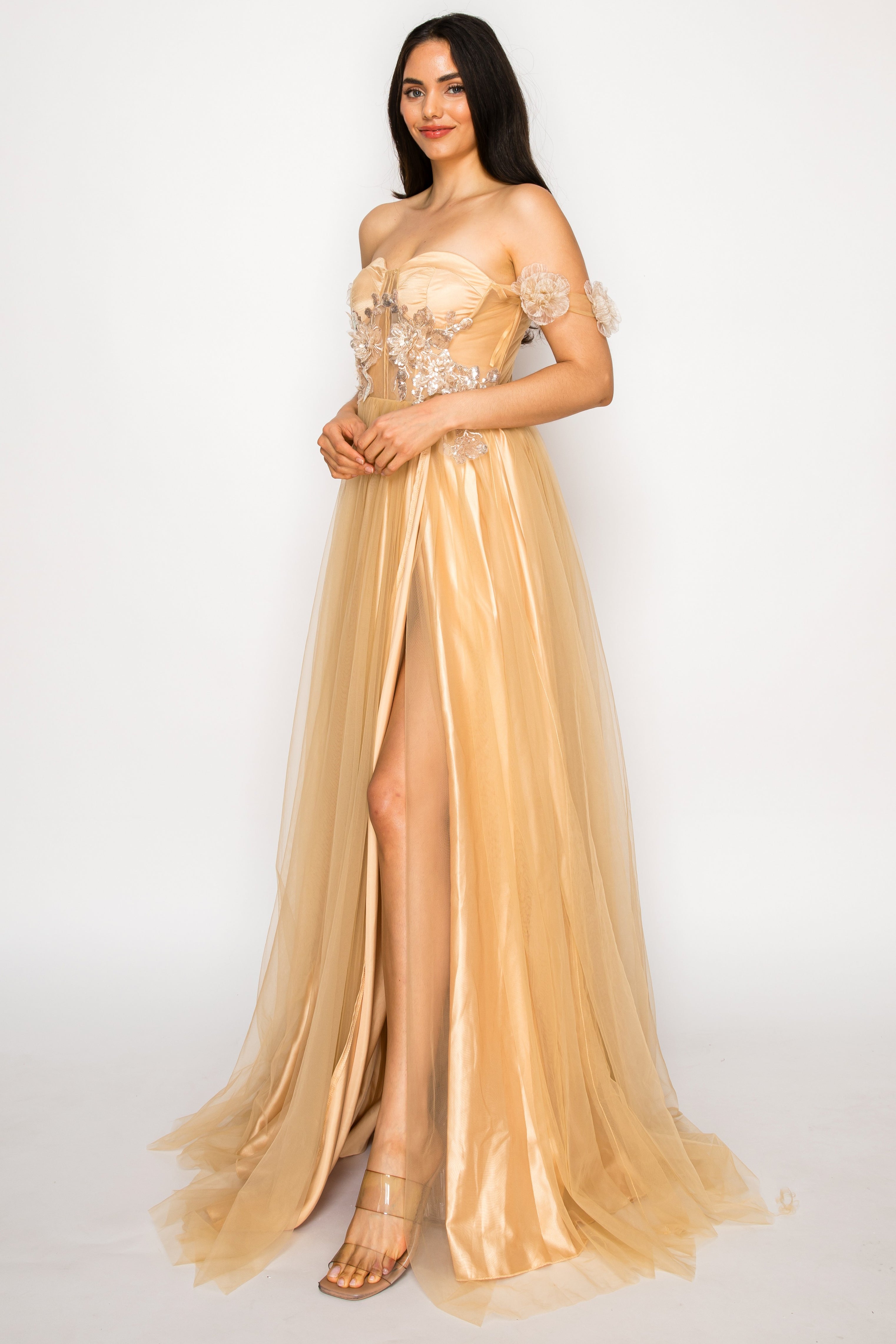 Floral Appliqué Off-Shoulder Tulle Gown