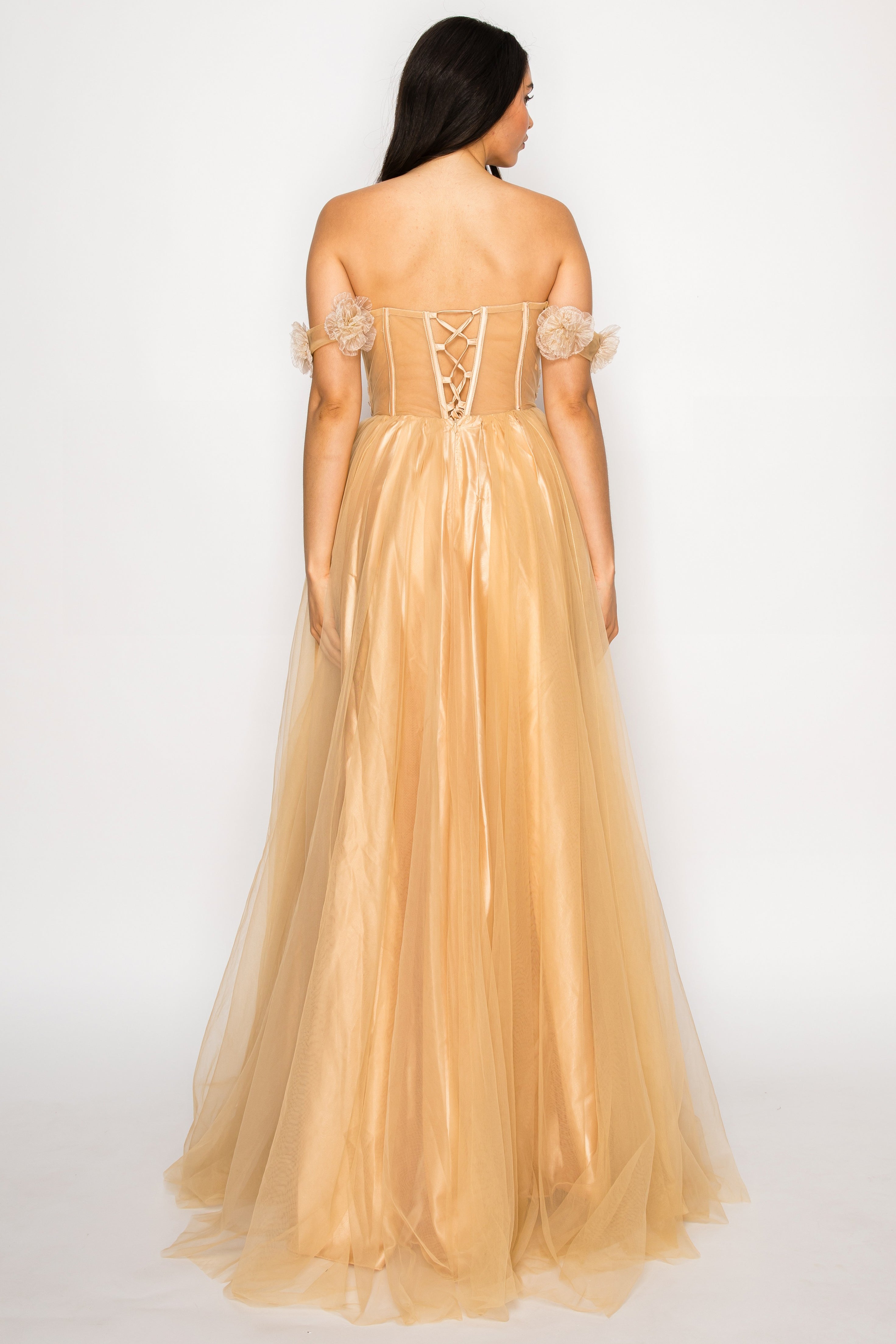Floral Appliqué Off-Shoulder Tulle Gown