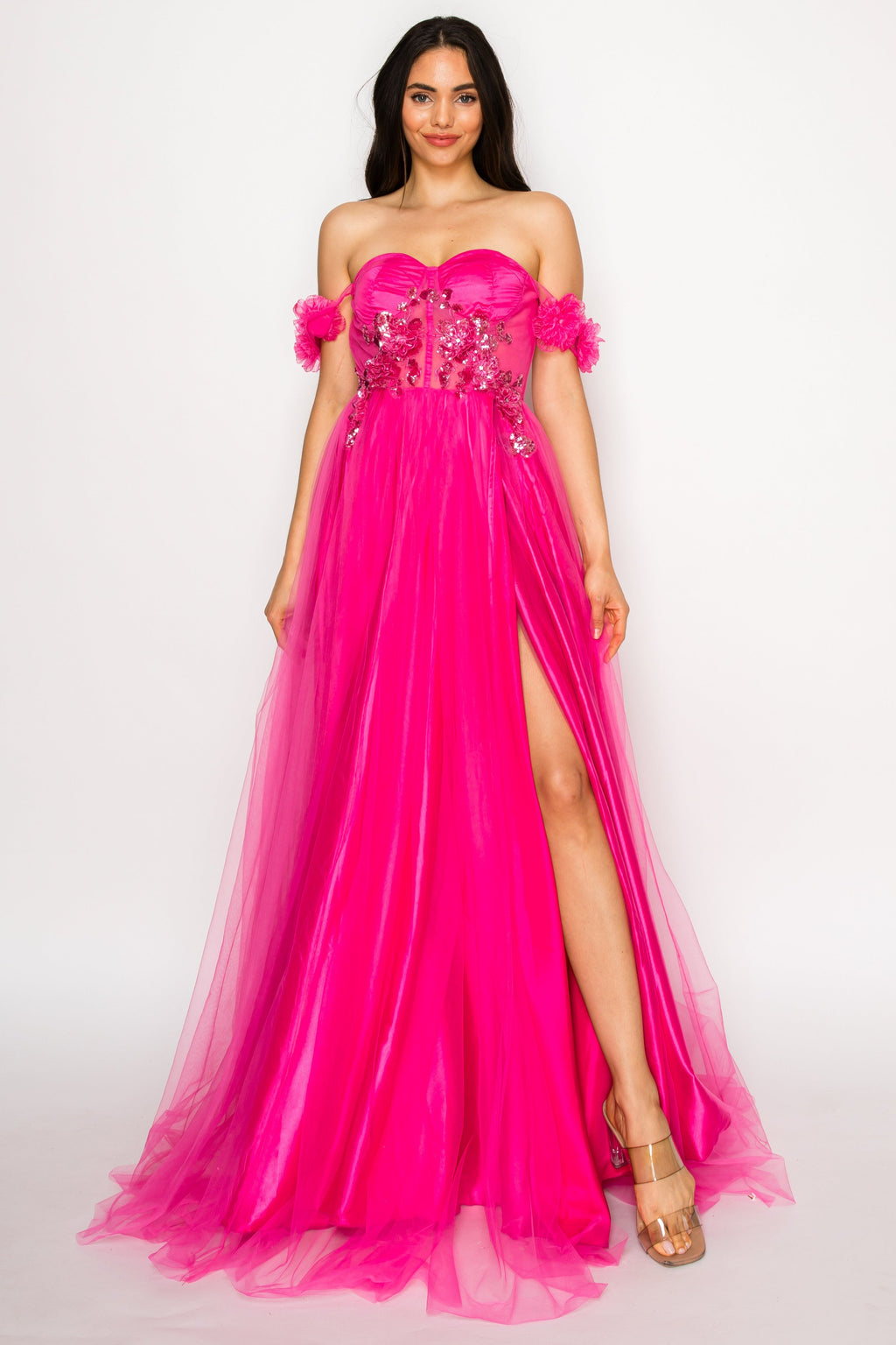 Floral Appliqué Off-Shoulder Tulle Gown