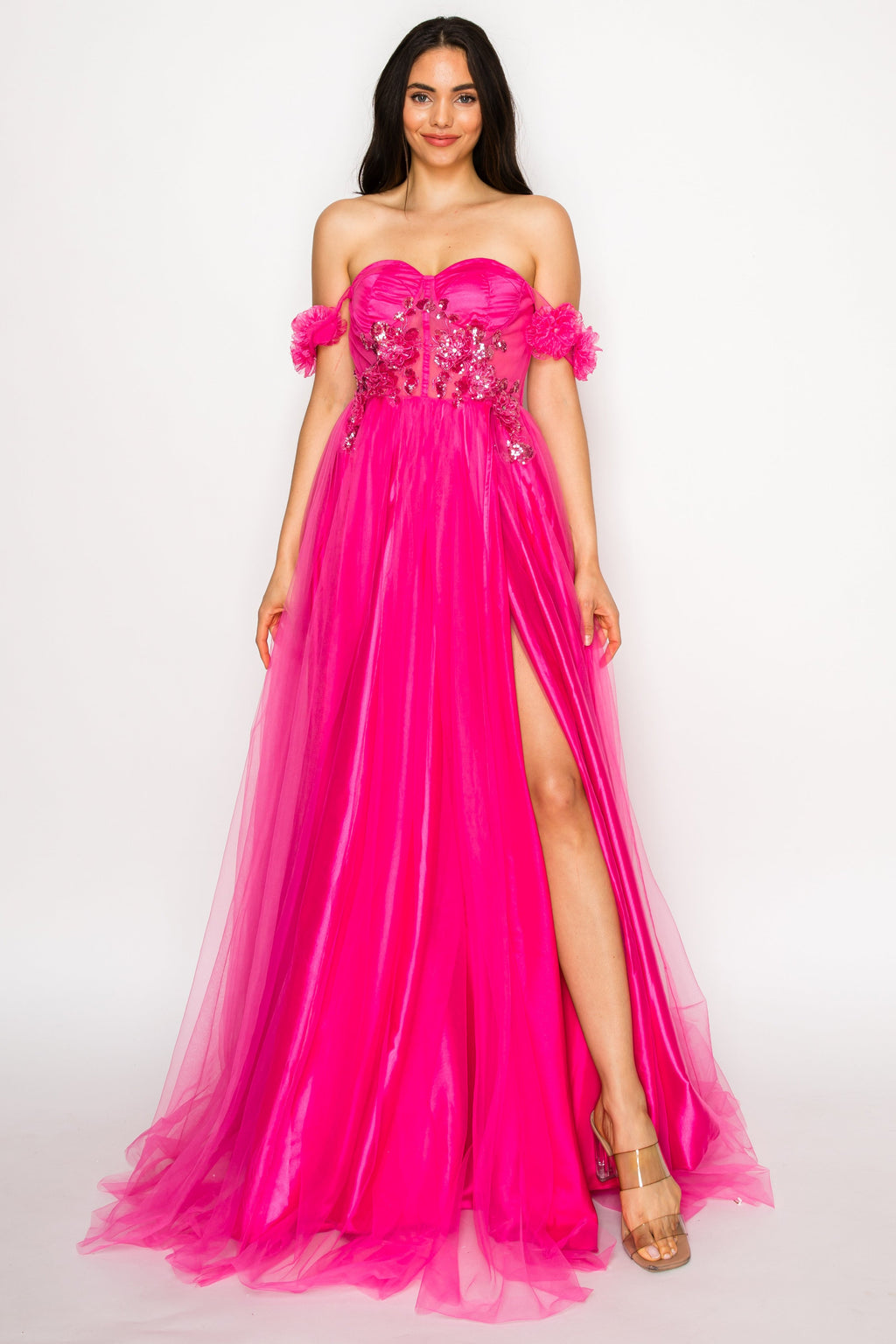 Floral Appliqué Off-Shoulder Tulle Gown