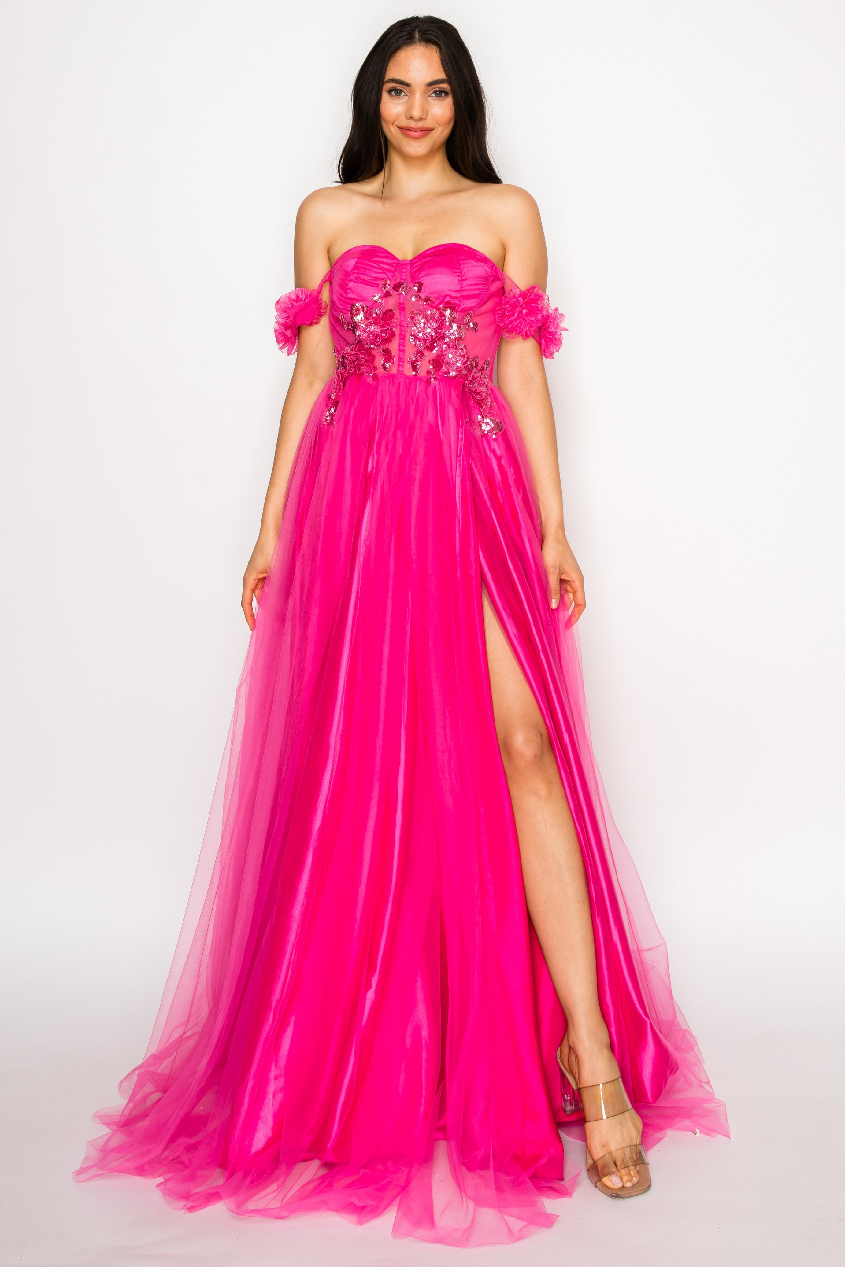 Floral Appliqué Off-Shoulder Tulle Gown