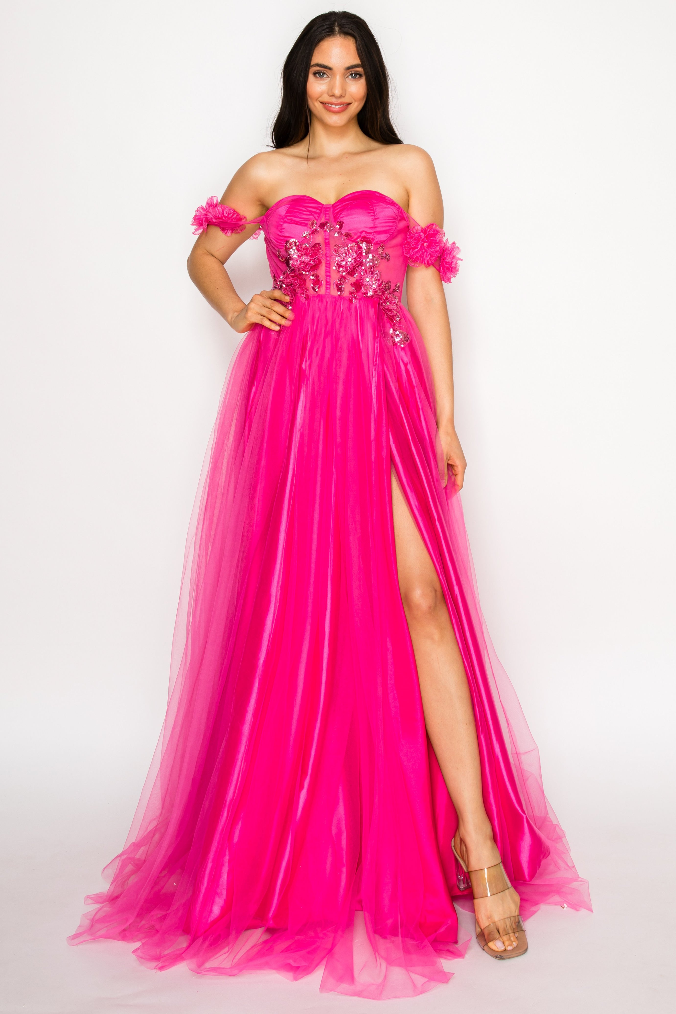 Floral Appliqué Off-Shoulder Tulle Gown