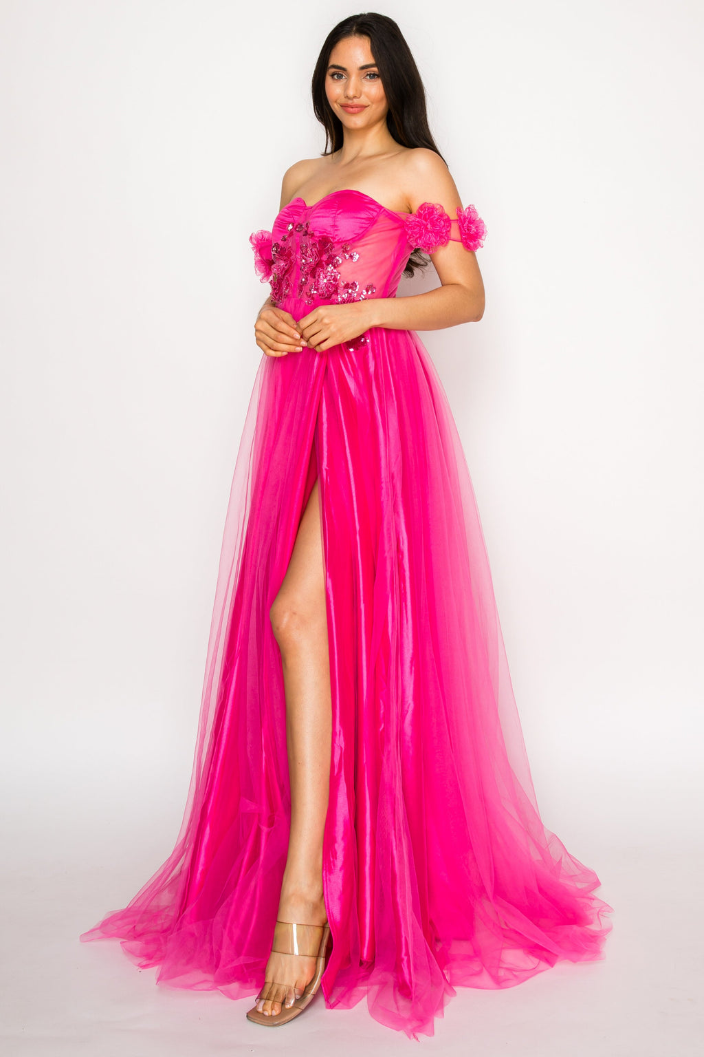Floral Appliqué Off-Shoulder Tulle Gown