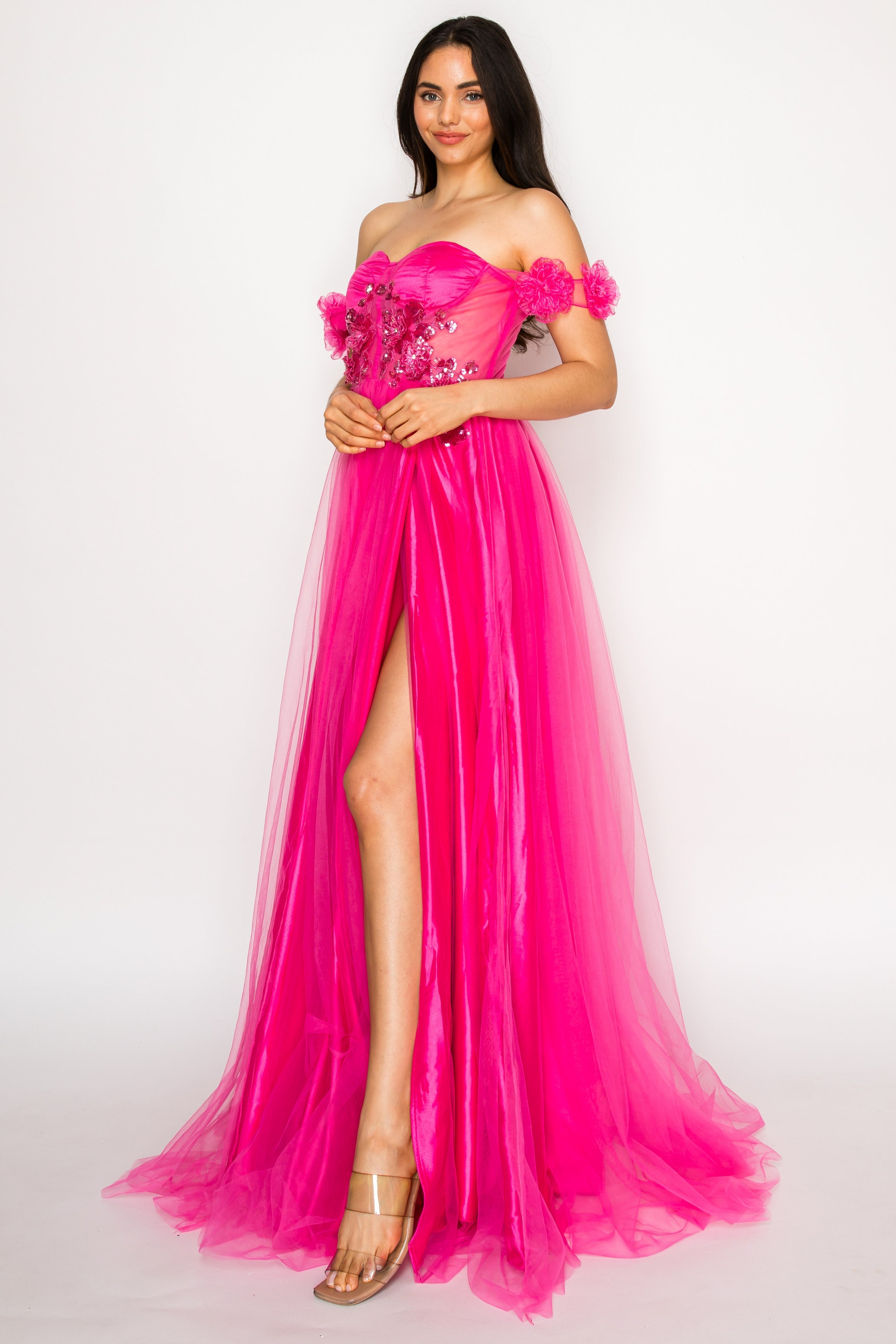 Floral Appliqué Off-Shoulder Tulle Gown
