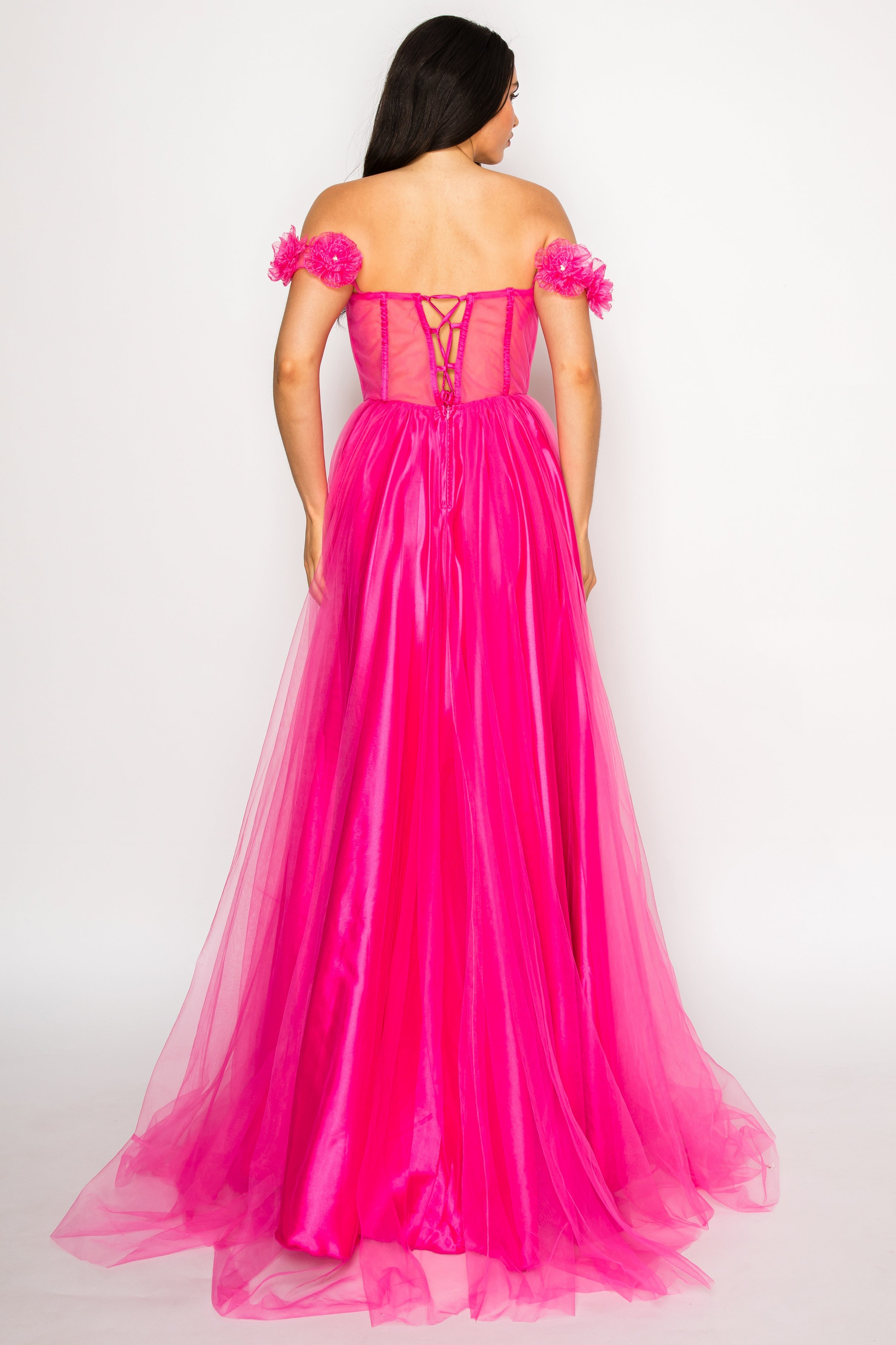 Floral Appliqué Off-Shoulder Tulle Gown