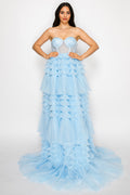 Strapless Tiered Ruffle Tulle Gown
