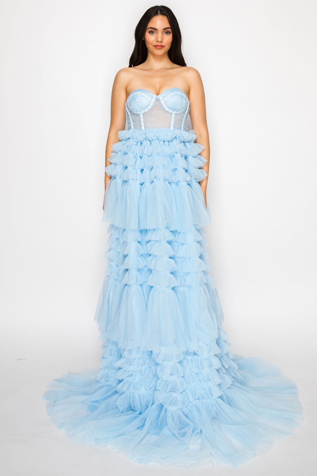 Strapless Tiered Ruffle Tulle Gown