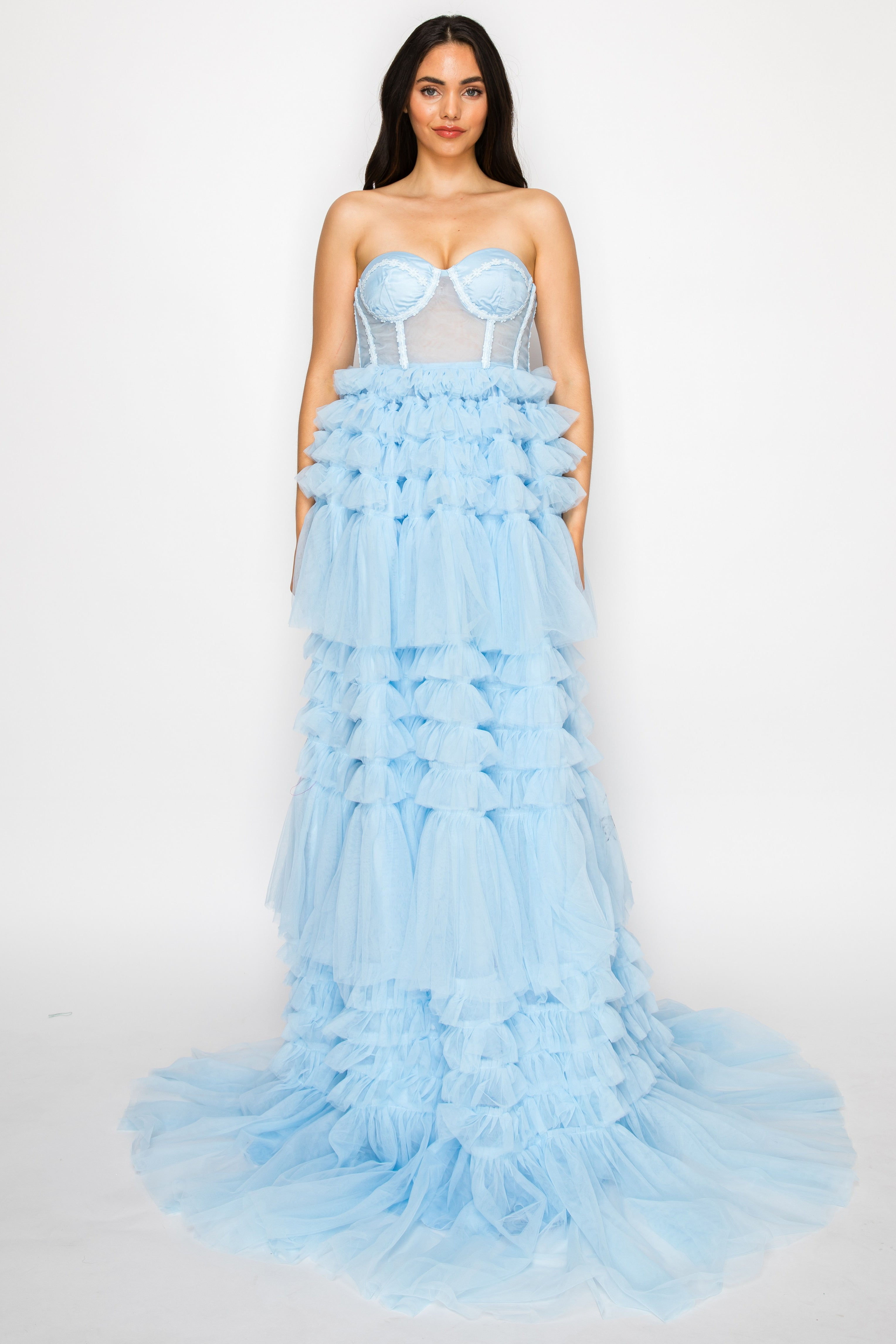 Strapless Tiered Ruffle Tulle Gown