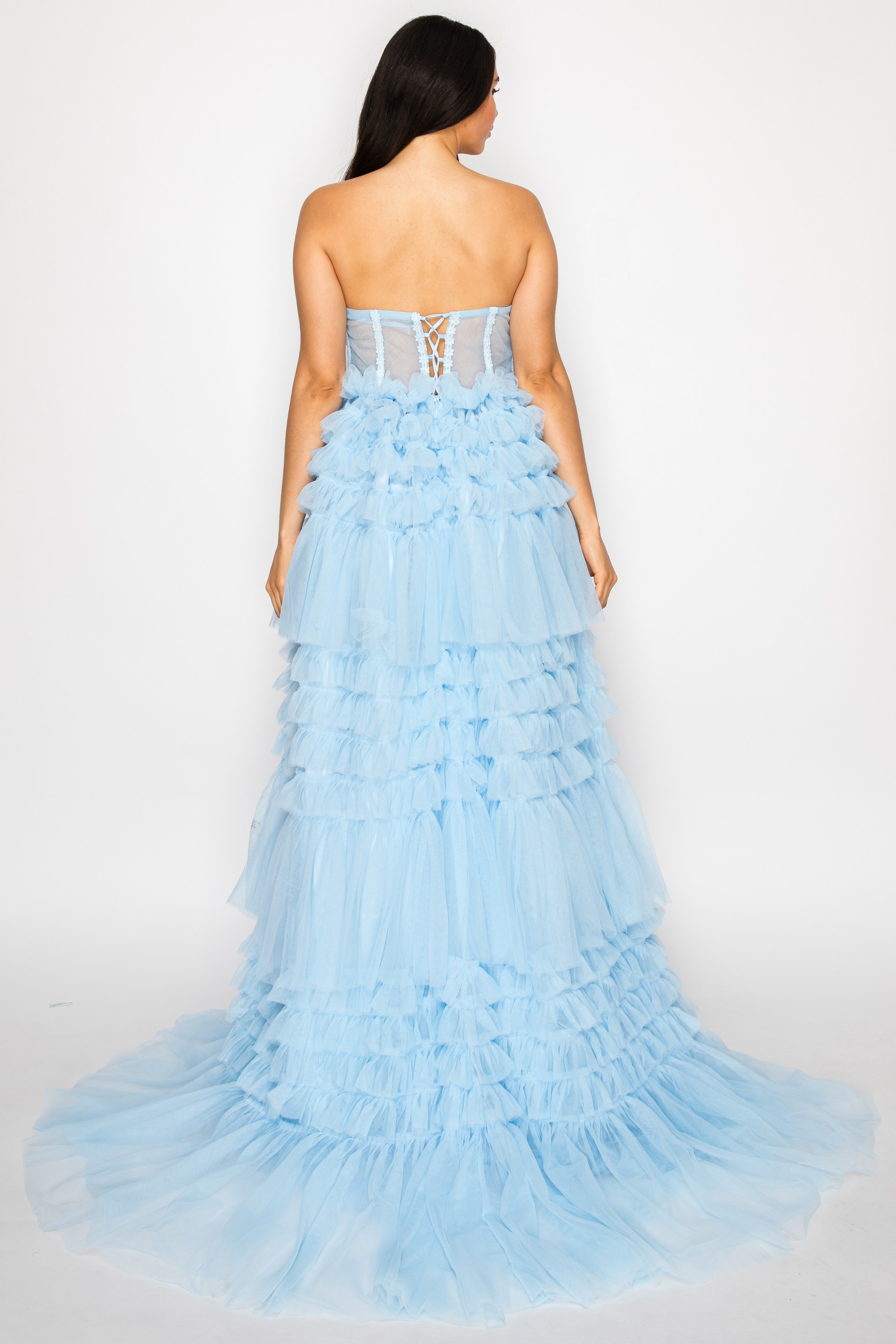 Strapless Tiered Ruffle Tulle Gown